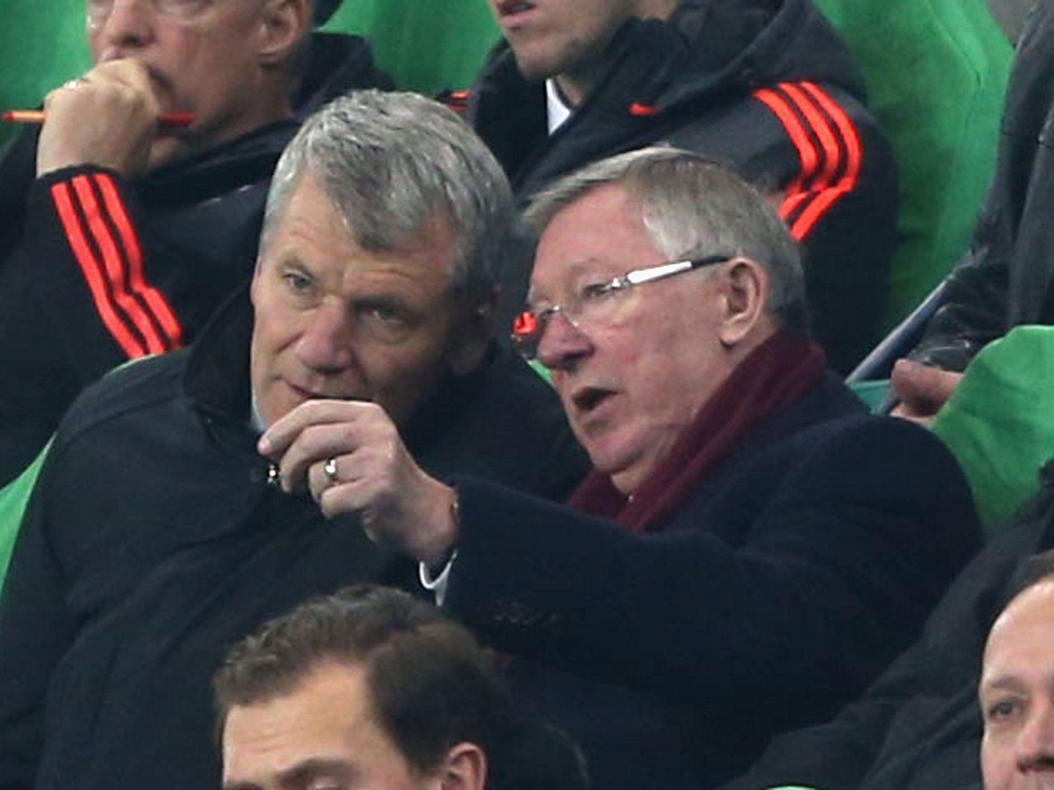 Former Chief Executive David Gill and former manager Sir Alex Ferguson of Manchester United watch from the directors' box