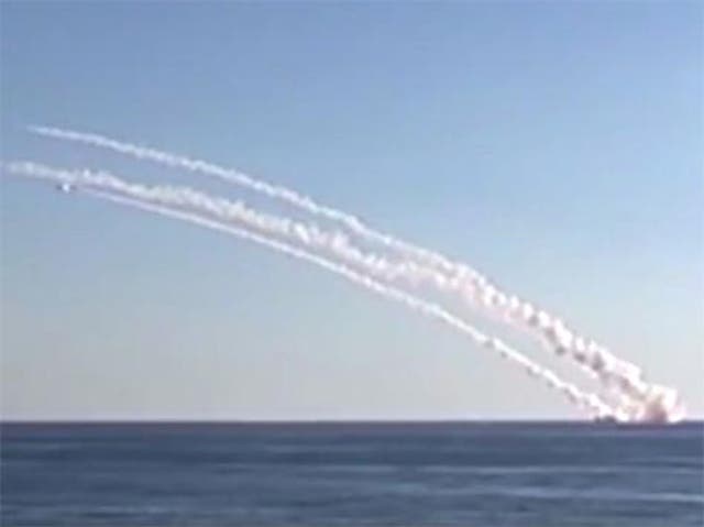 Image from footage taken from Russian Defense Ministry official website shows cruise missiles launching from Rostov-on-Don submarine at eastern Mediterranean Sea in a direction of Syria. Cannot be independently verified by AP.