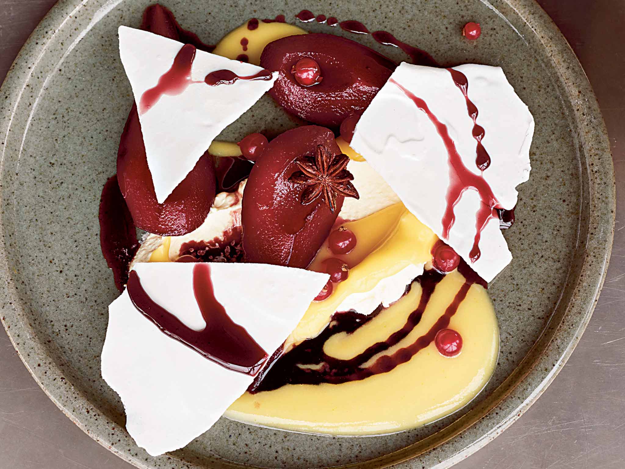 Red-wine pear, thick cream and orange curd and meringue crisp