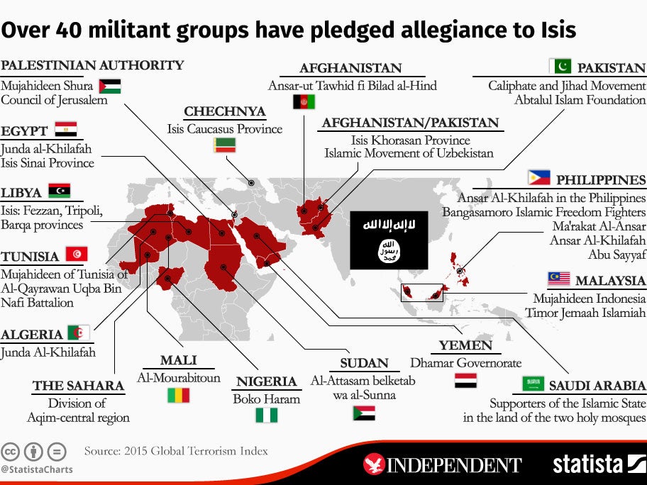 The map of where militant groups have pledged their support to Isis