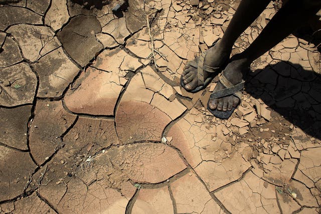 A young boy from a remote tribe in northern Kenya stands on a dried up river bed