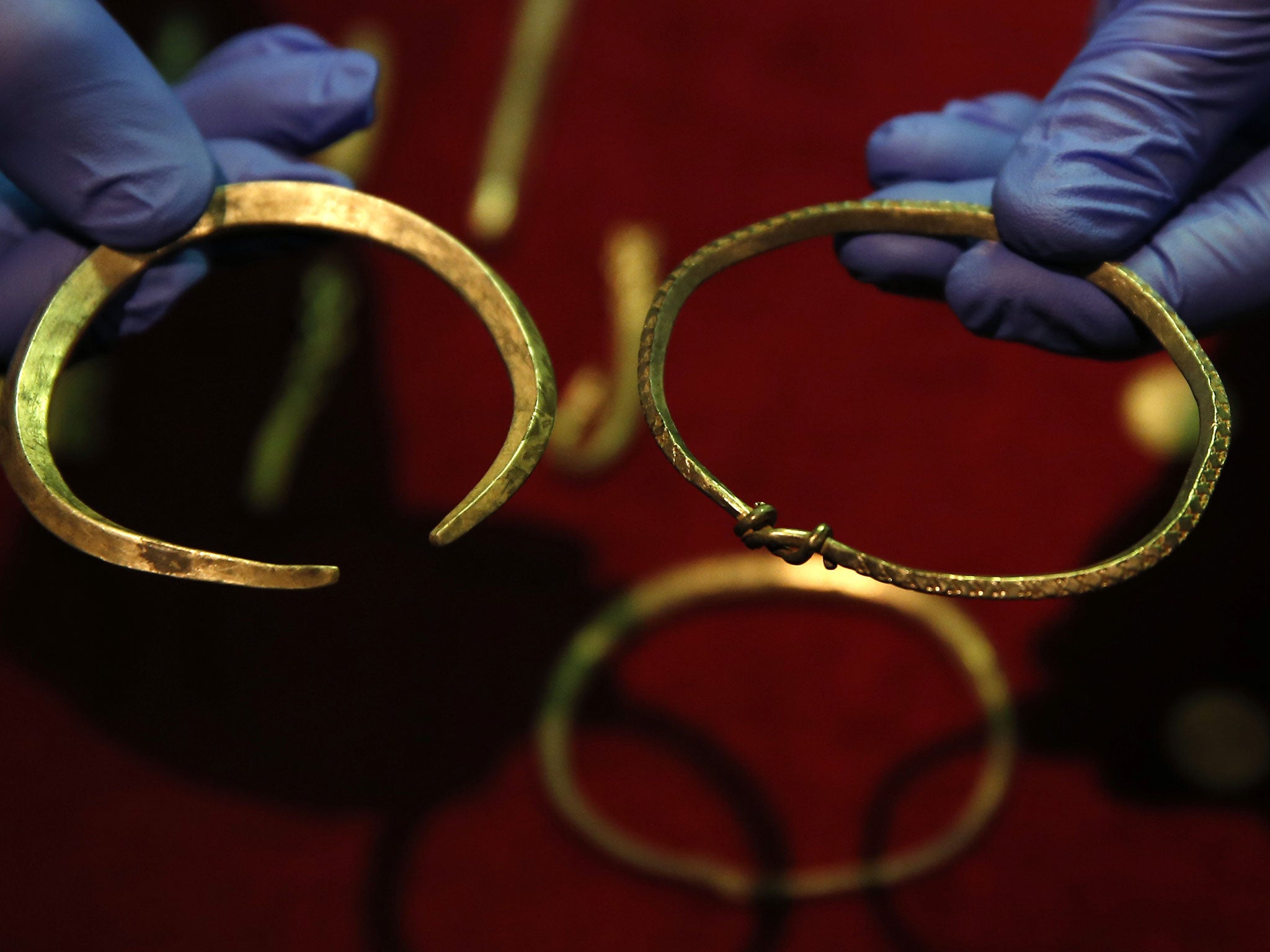 Some of the jewellery and ingots of a significant Viking Hoard found near Watlington, in Oxfordshire, England as they are displayed at the British Museum in London