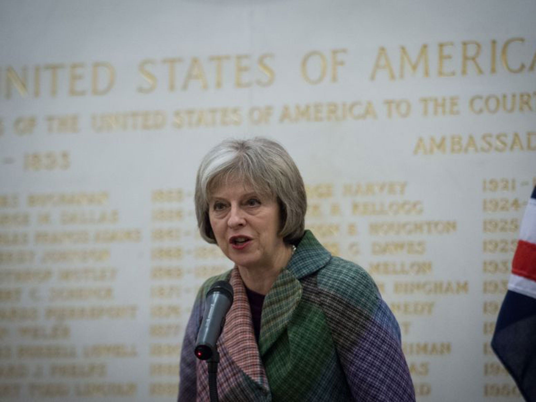 Home Secretary Theresa May was discussing the tackling of modern slavery at the US Embassy in London