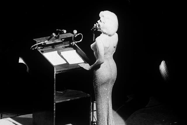 Marilyn Monroe sings "Happy Birthday" during a celebration in New York's Madison Square Garden on May 19, 1962 to mark President John F. Kennedy's upcoming 45th birthday