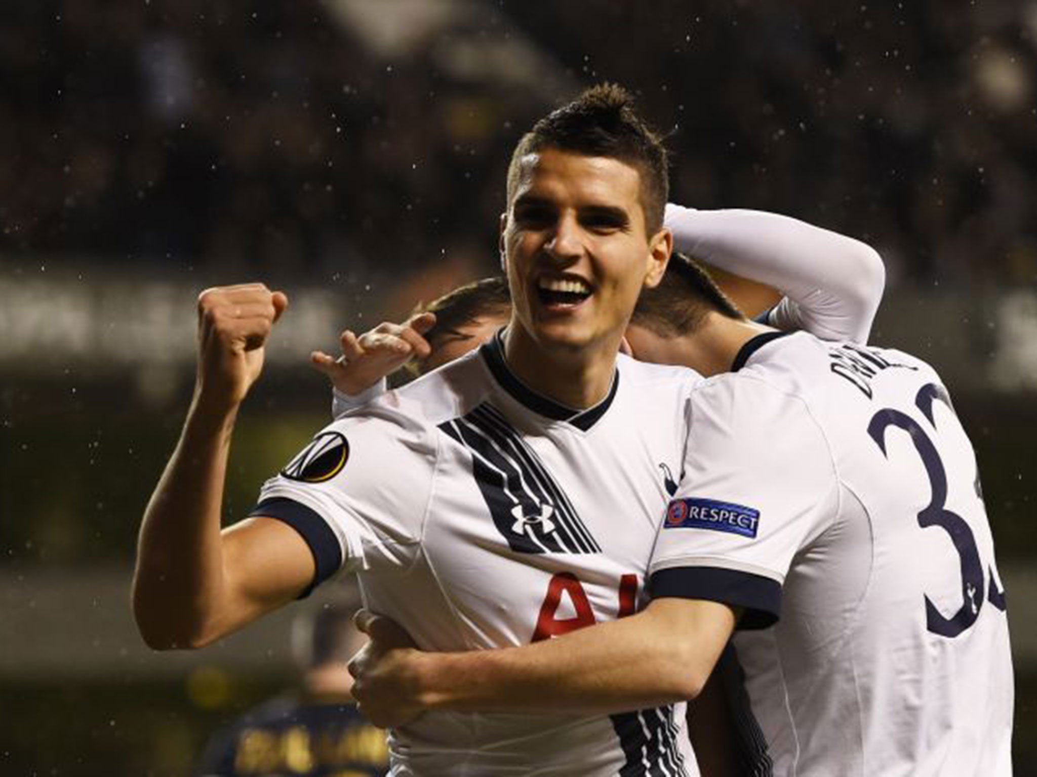 Erik Lamela celebrates opening the scoring for Spurs in the second minute