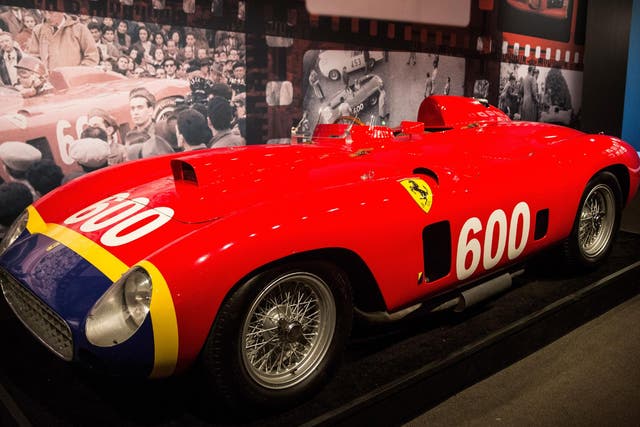 A 1956 Ferrari 290 MM by Scaglietti sits on display at Sotheby's
