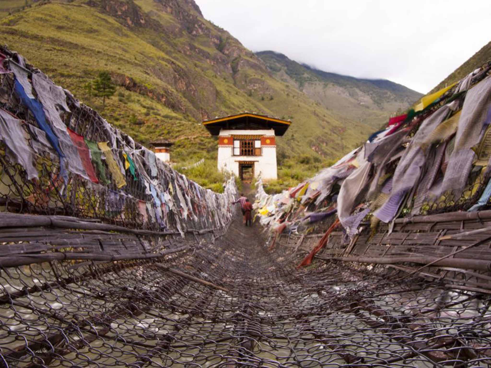 Prayer flags on a bridge