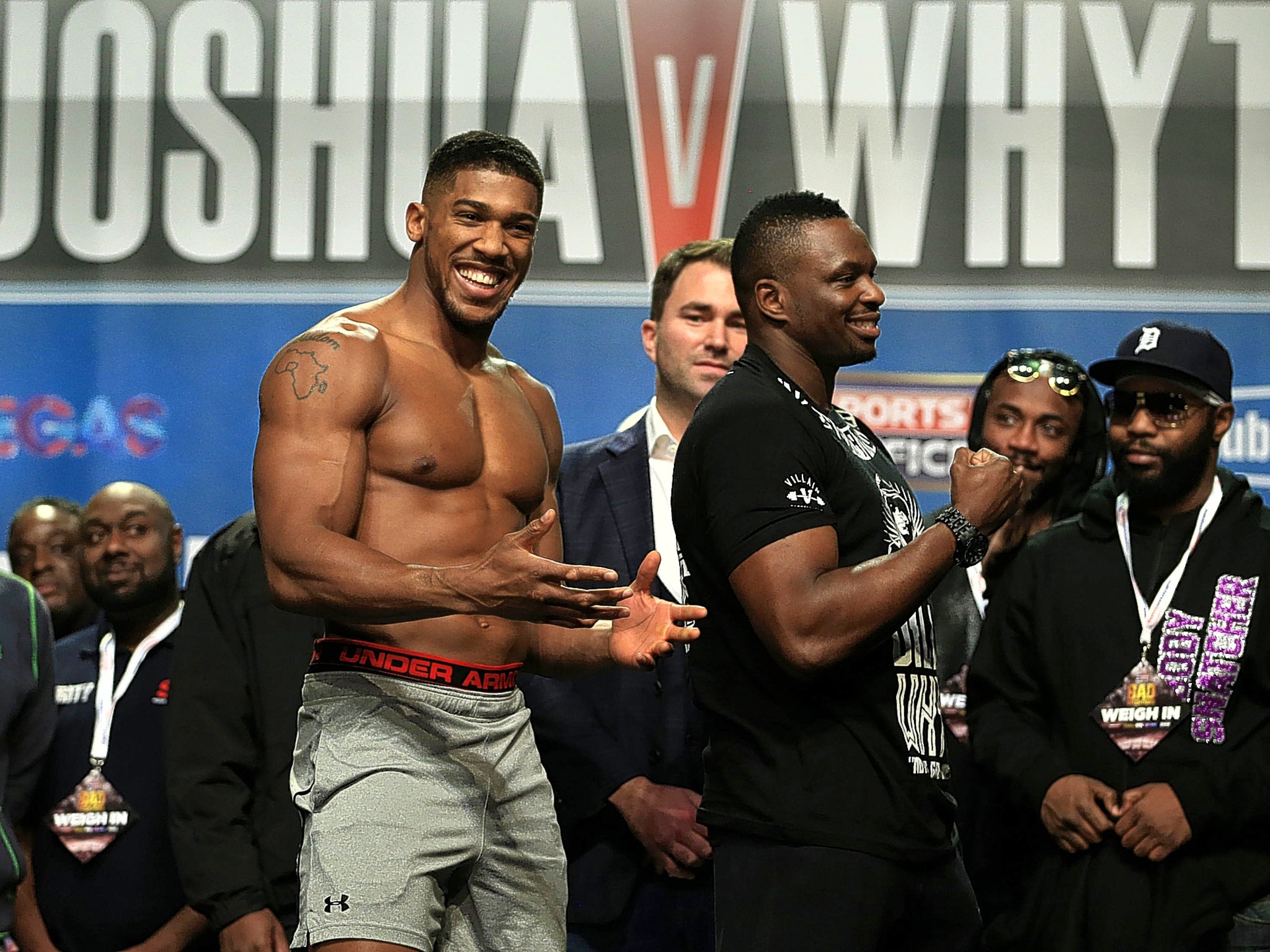 Anthony Joshua (left) and Dillian Whyte during Friday's weigh-in at The O2 in London