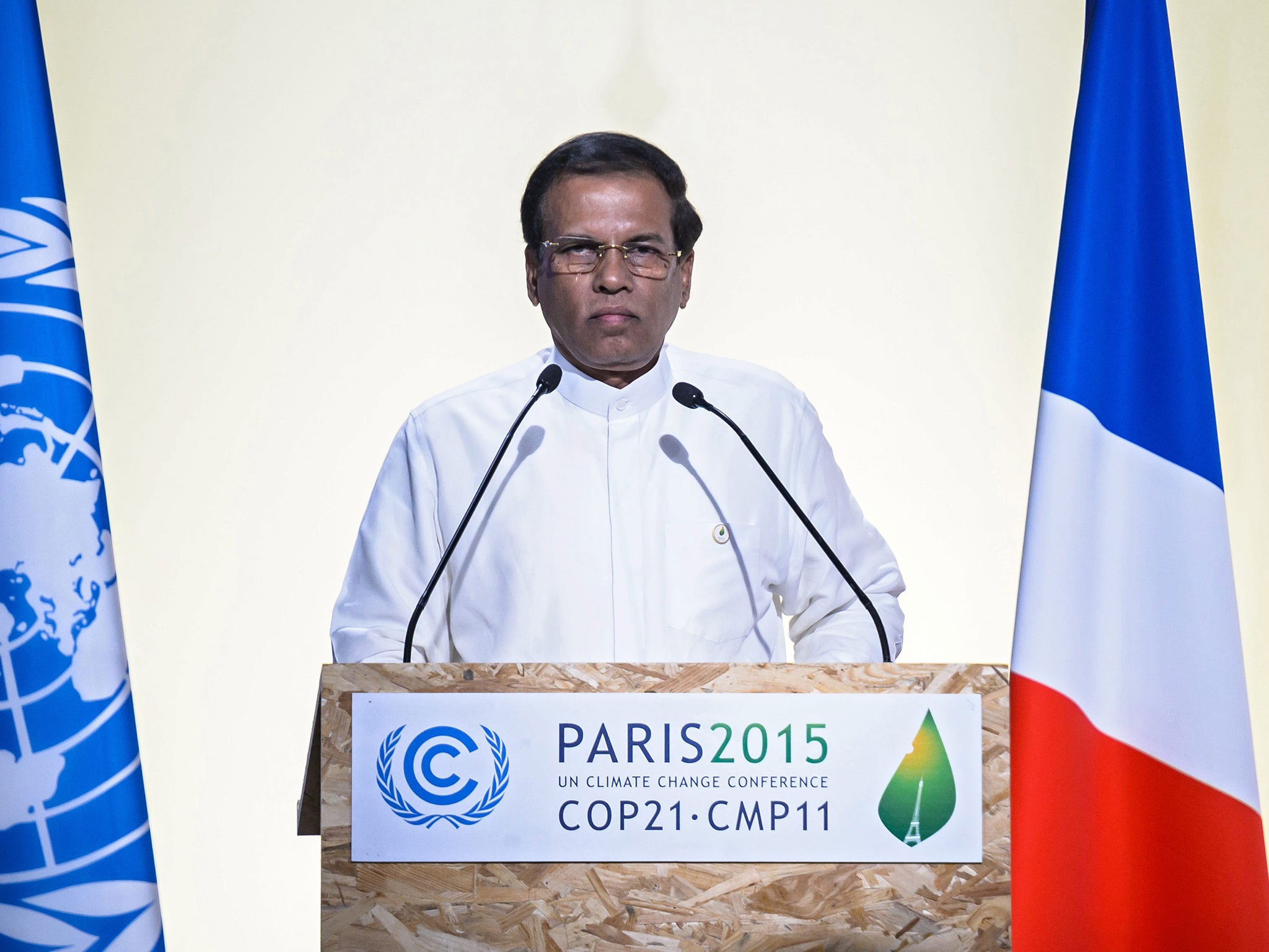 Sri Lanka Maithripala Sirisena delivers a speech as he attends Heads of States' Statements ceremony of the COP21 World Climate Change Conference 2015