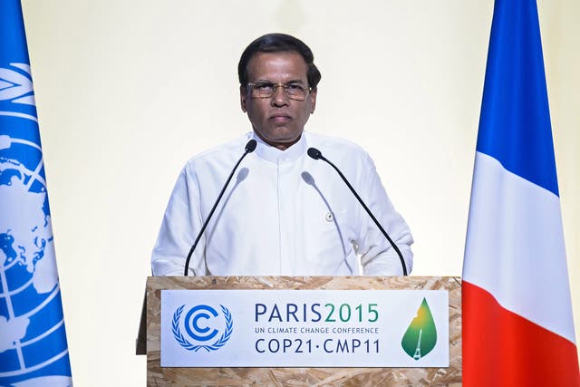 Sri Lanka Maithripala Sirisena delivers a  speech as he attends Heads of States' Statements ceremony of the COP21 World Climate Change Conference 2015