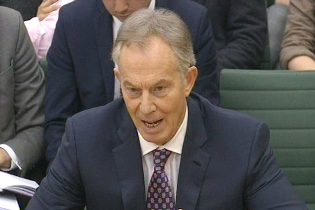 Former Prime Minister Tony Blair appearing in front of the Foreign Affairs Select Committee at the House of Commons where he is giving evidence on UK's foreign policy towards Libya.