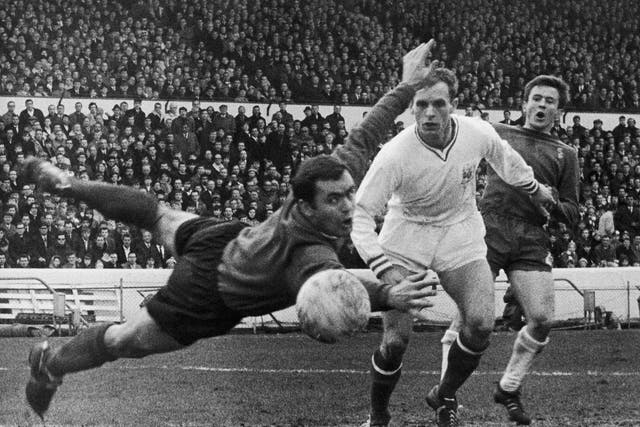 Sheffield United keeper Alan Hodgkinson (left) tips a shot, which hit the post and went for a corner, during an FA Cup 5th round match against Chelsea during a match at Stamford Bridge, London,