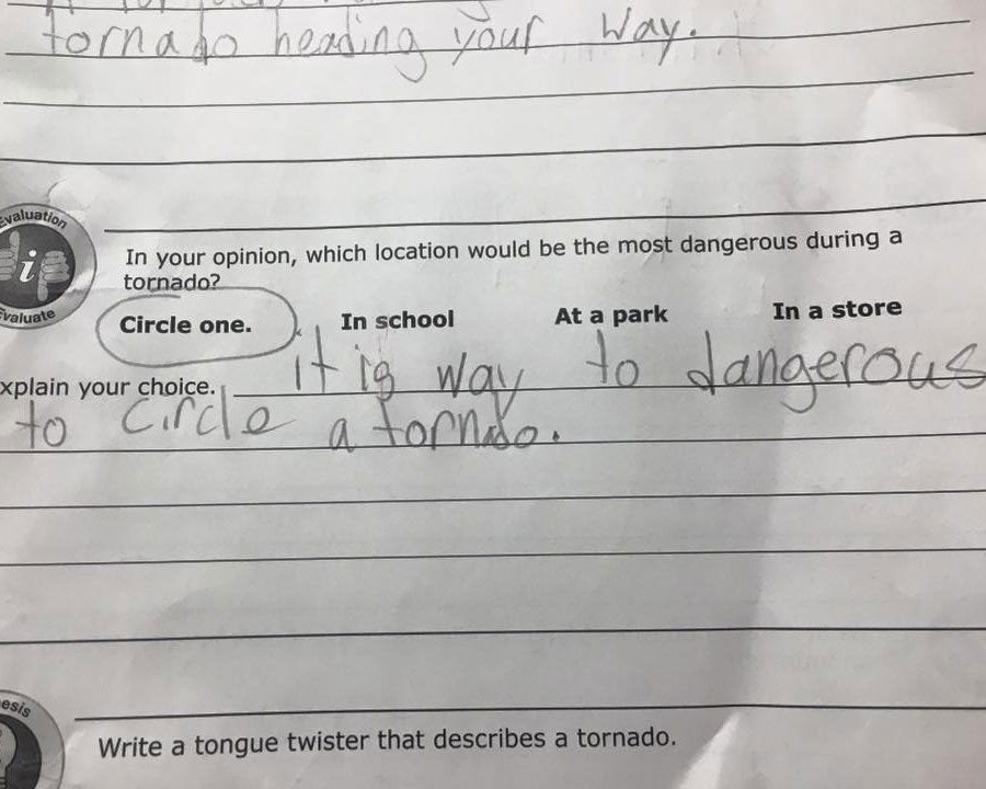 The pupil's hilarious answer to a question on tornado safety