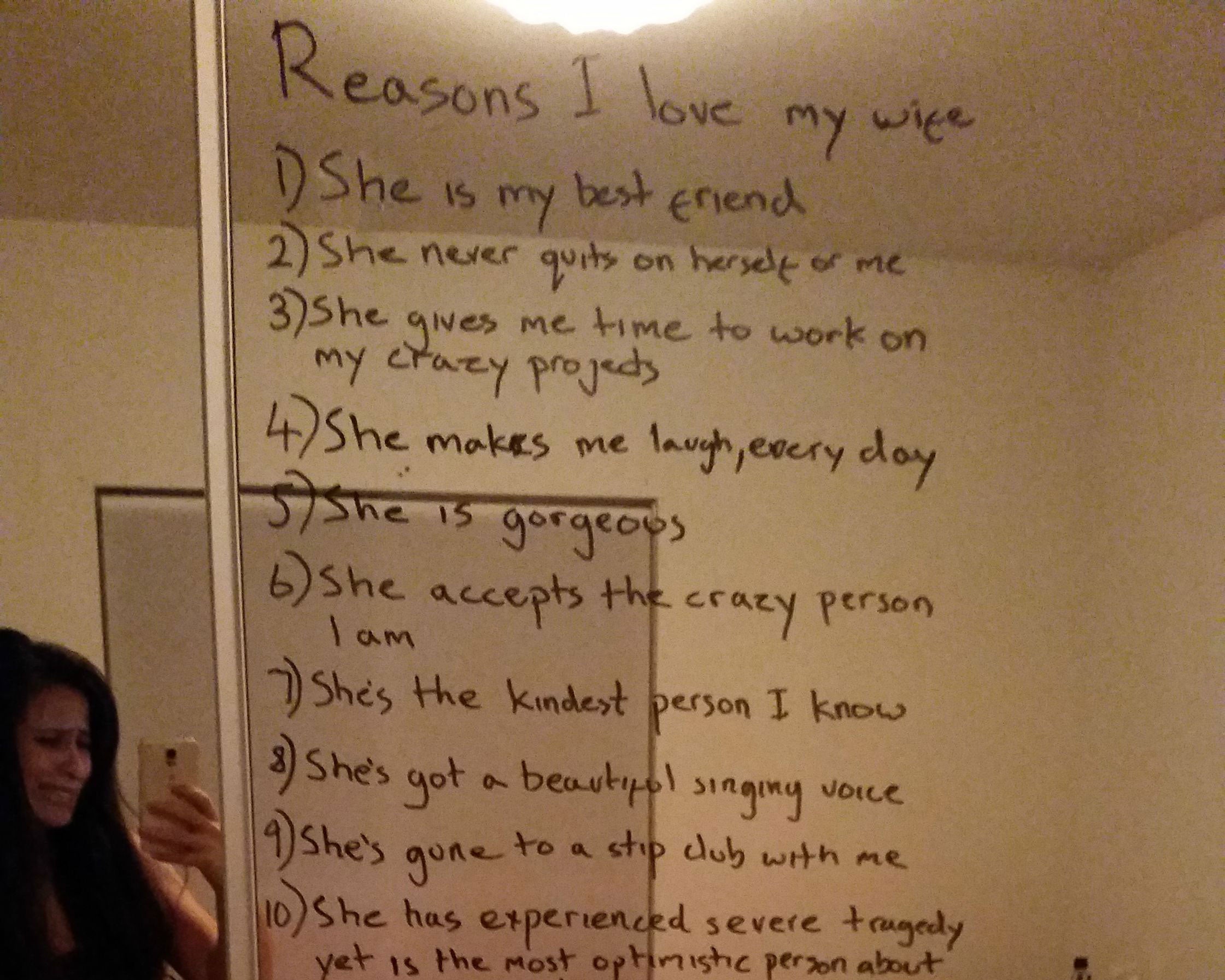 Molly Murphy's image of the list her husband wrote titled 'Reasons I love my wife'
