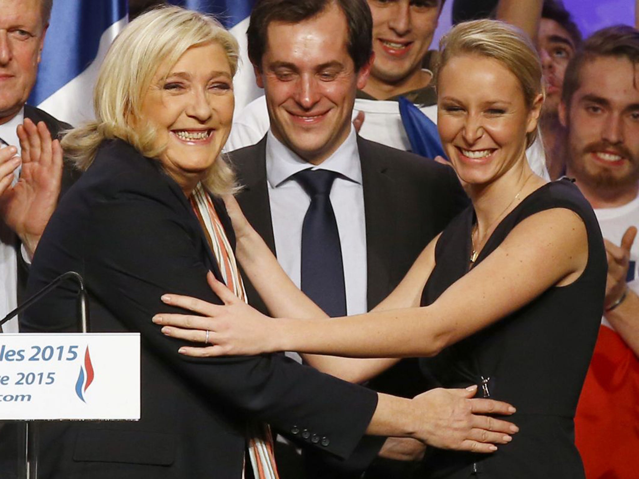 &#13;
Marine Le Pen, left, greets her neice Marion Marechal-Le Pen following their round-one victories in last week’s elections &#13;