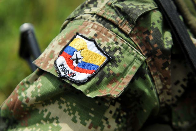 Picture of a badge on the arm of member of the Revolutionary Armed Forces of Colombia (FARC) guerrillas