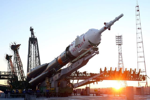 The Soyuz FG rocket, in which Tim Peake will be travelling, is lifted into its launch position at Baikonur in Kazakhstan