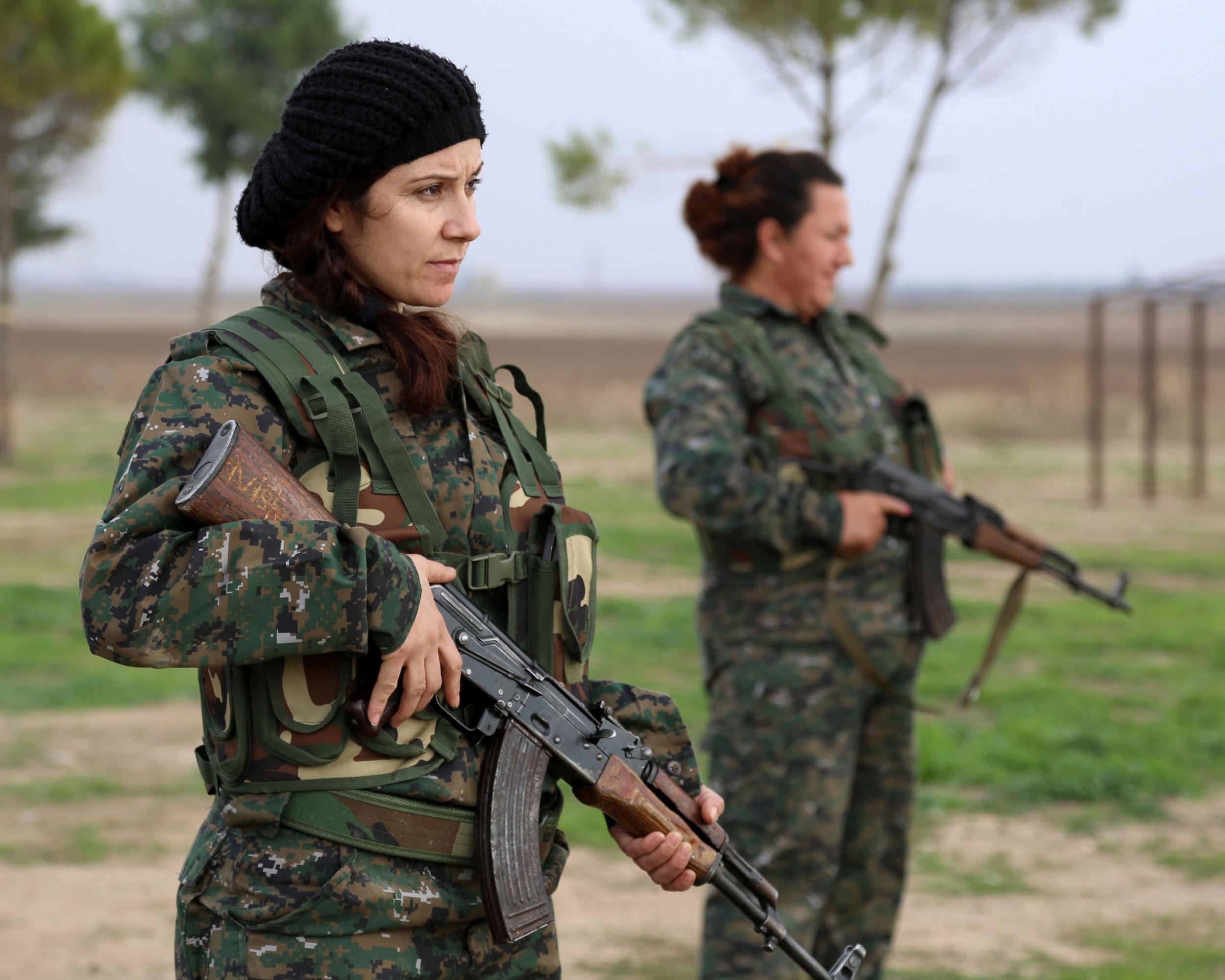 Syriac Christian women, members of the battalion called the 'Female Protection Forces of the Land Between the Two Rivers' fighting the Islamic State group