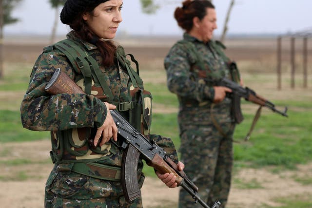 Syriac Christian women, members of the battalion called the 'Female Protection Forces of the Land Between the Two Rivers' fighting the Islamic State group