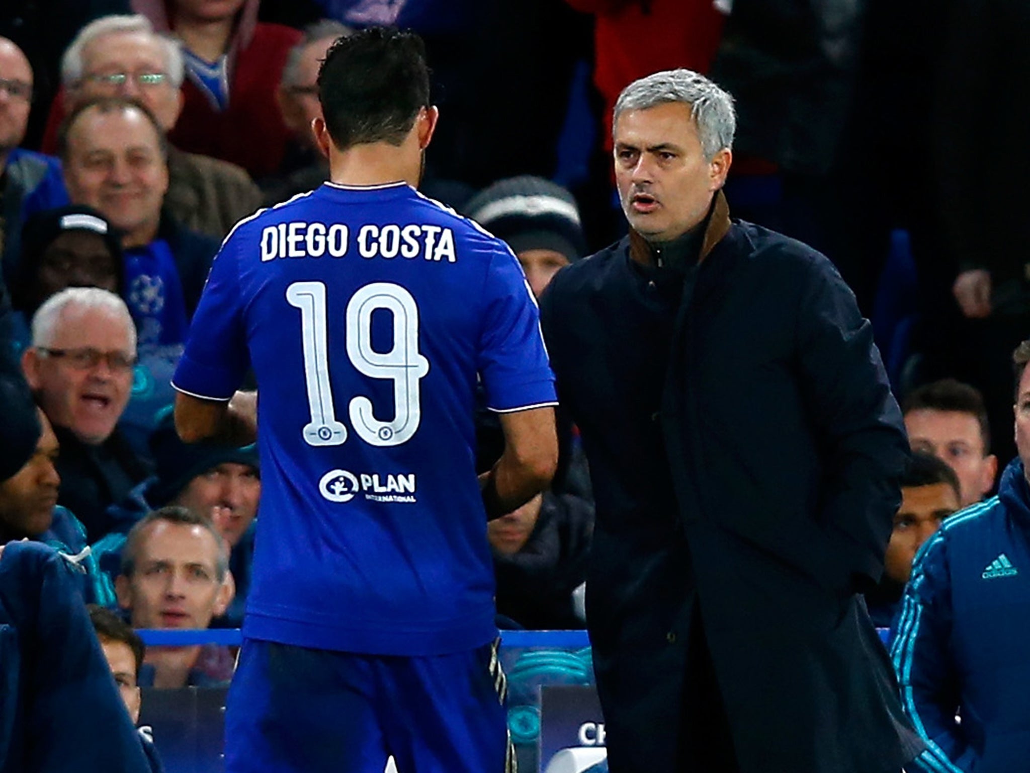 Diego Costa and Jose Mourinho speak on the touchline during Chelsea's 2-0 win over Porto last Wednesday