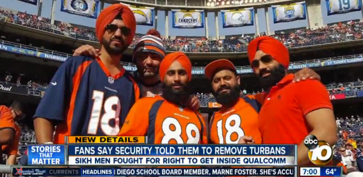 Sikh Broncos fans are denied entry to game 'because of their turbans' - and  then stopped by the bomb squad on the way out!