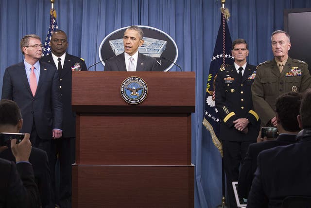 US President Barack Obama, center, speaks to reporters following a National Security Council meeting on the counter-ISIL at the Pentagon. Looking on from left - right are; US Secretary of Defense Ashton Carter, US Central Command Commander General Joseph Austin, US Special Operations Commander General Joseph Votel and Chairman of the Joint Chiefs General Joseph Dunford