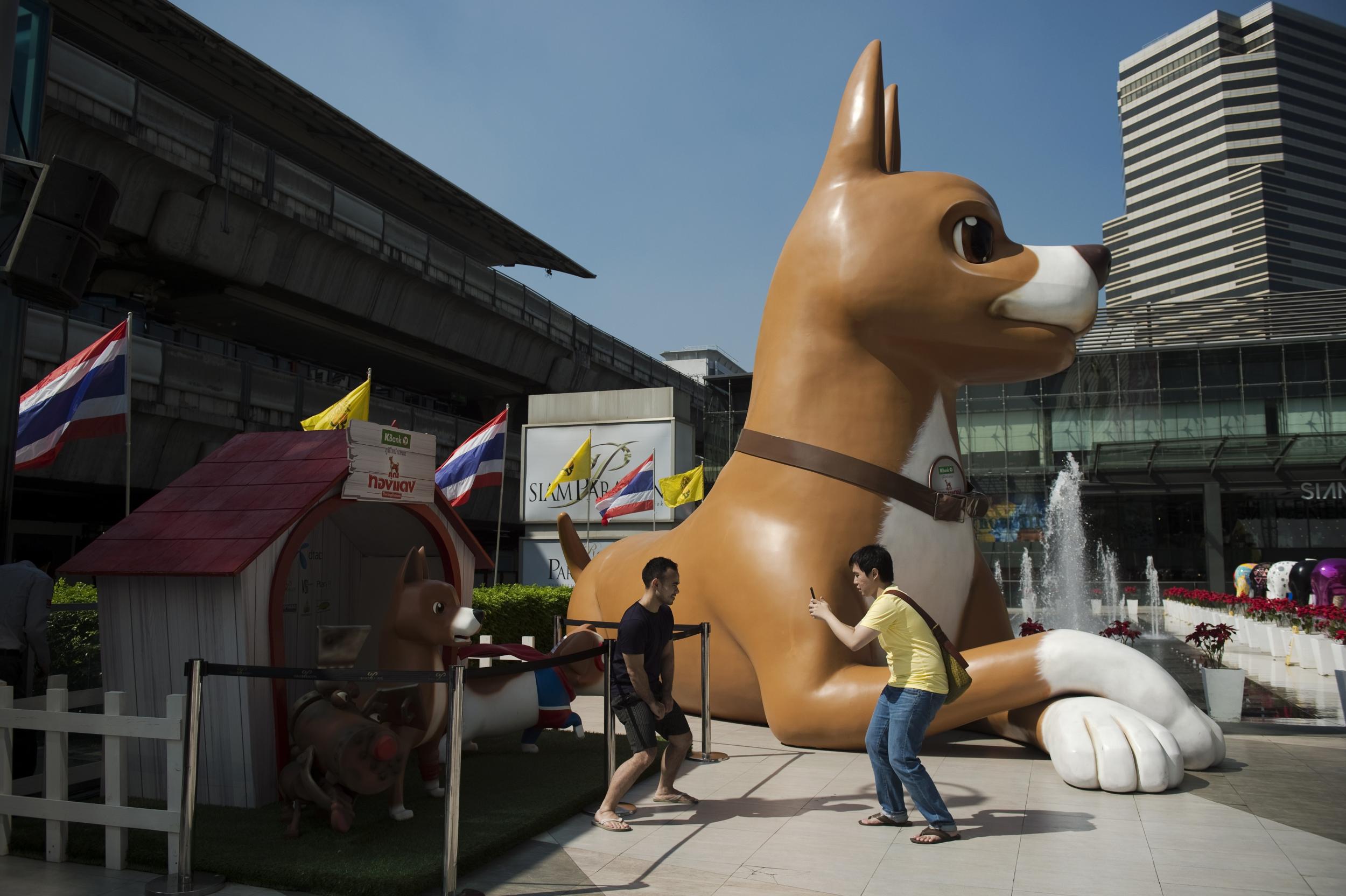 Men pose next to a 10-metre high dog statue, part of the promotional effort for a hit film based on Tongdaeng's life