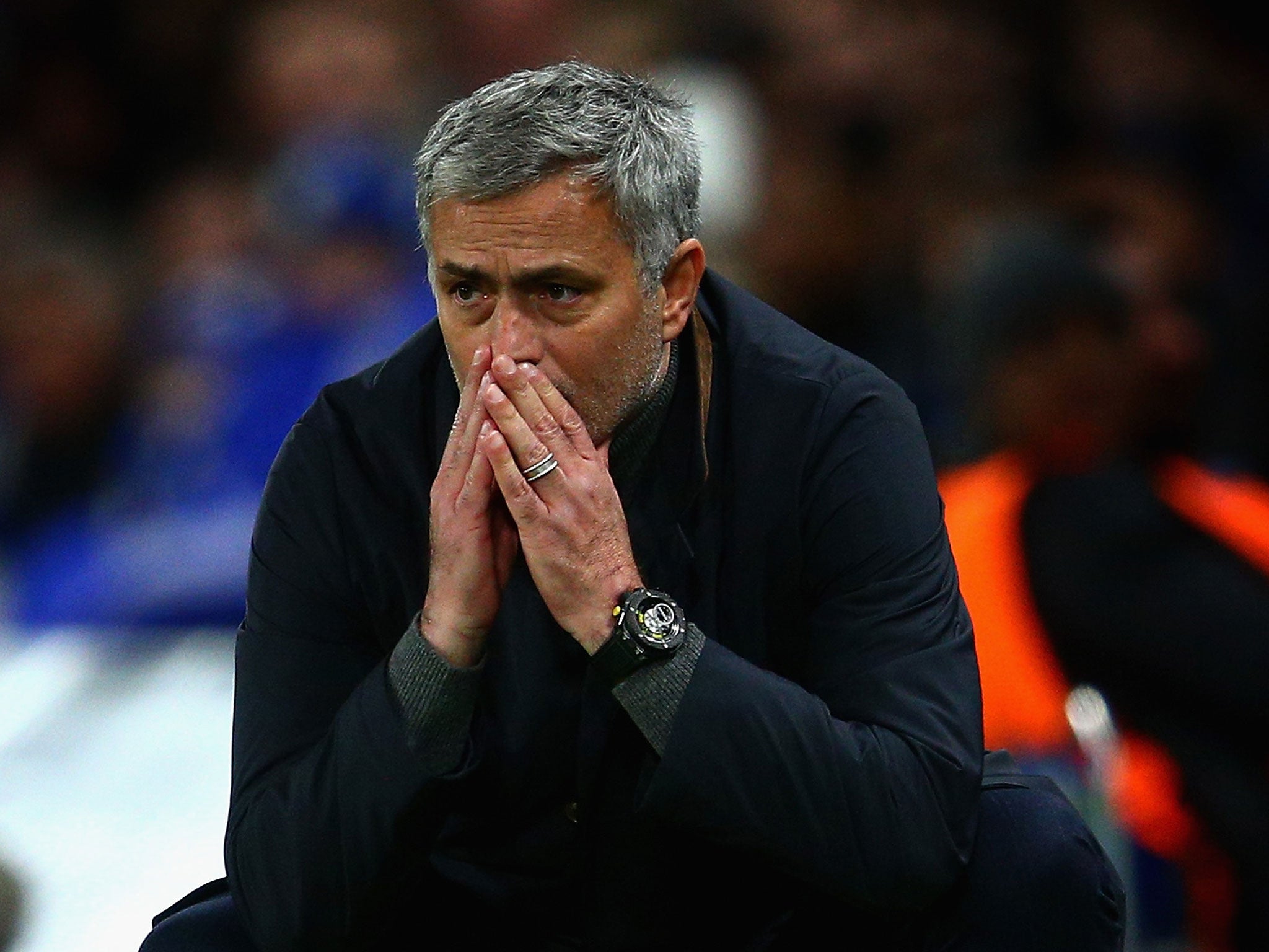 Jose Mourinho reacts during the 2-1 defeat to Leicester City