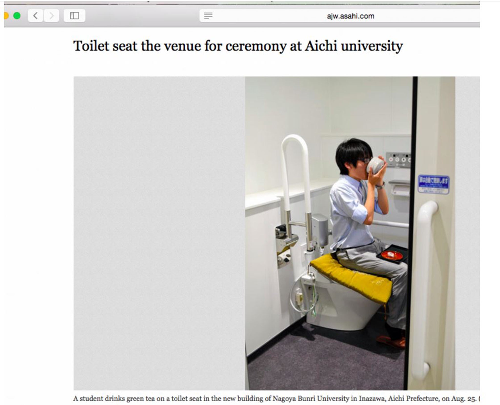 The Asahi Shimbun carried a story about a toilet opening ceremony in Aichi prefecture that involves drinking tea and eating rice cakes on the loo.