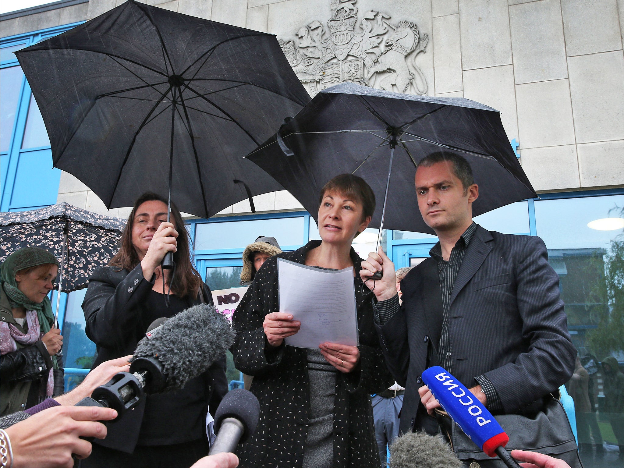 The Green Party MP Caroline Lucas outside Crawley magistrates' court in October 2013 after pleading not guilty to charges relating to a fracking protest at Balcombe