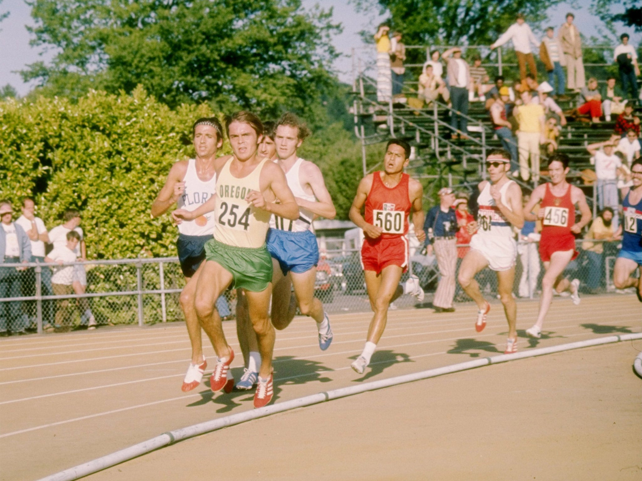 American athlete Steve Prefontaine in action during a meet in Eugene, Oregon. The runner was killed in a car accident outside the town in 1975 (Getty)