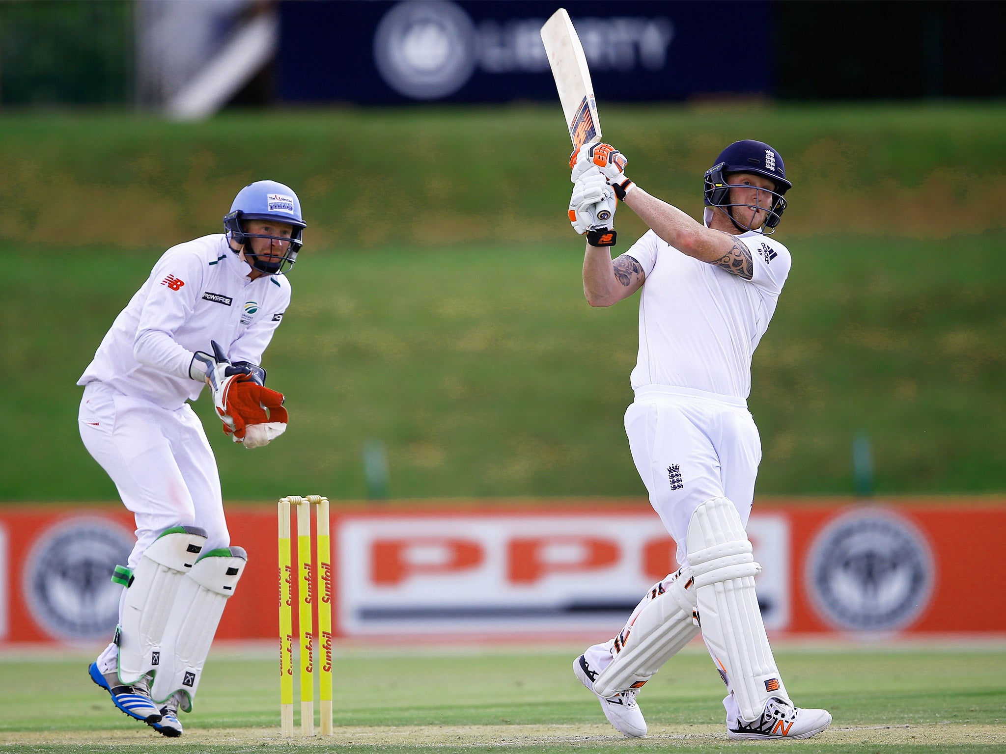 Ben Stokes hits out on his way to 158 against a South African XI