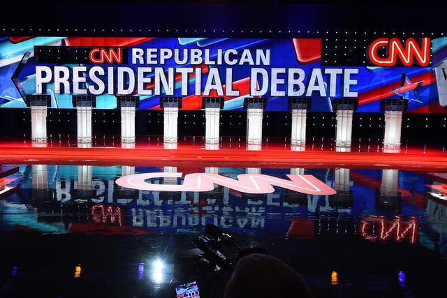 The stage is set for the Republican presidential debate, hosted by CNN, at The Venetian hotel in Las Vegas