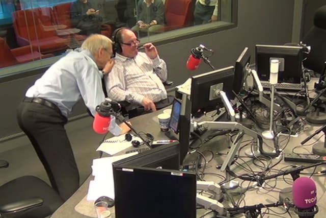 John Humphrys pats James Naughtie on the shoulder after his emotional farewell