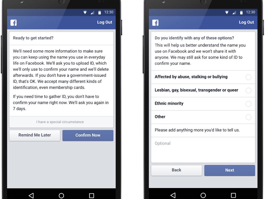 
Screenshot of Facebook's new name report tool Facebook 