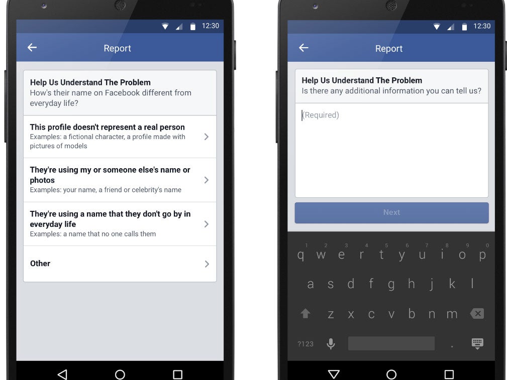 
Screenshot of Facebook's new name report tool Facebook 
