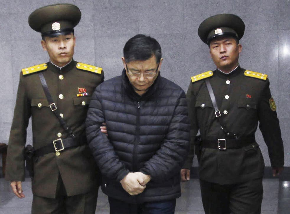 Hyeon Soo Lim being led out for his sentencing in Pyongyang