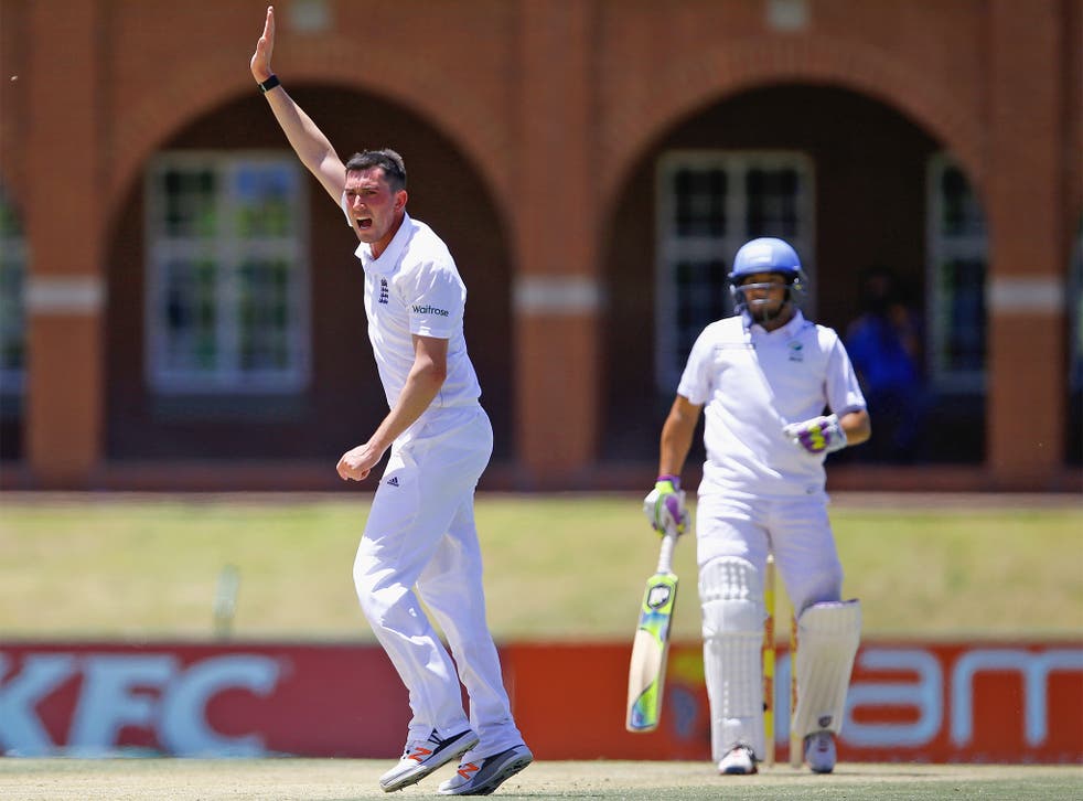 Mark Footitt, who bowled with real pace, celebrates taking the wicket of Qaasim Adams