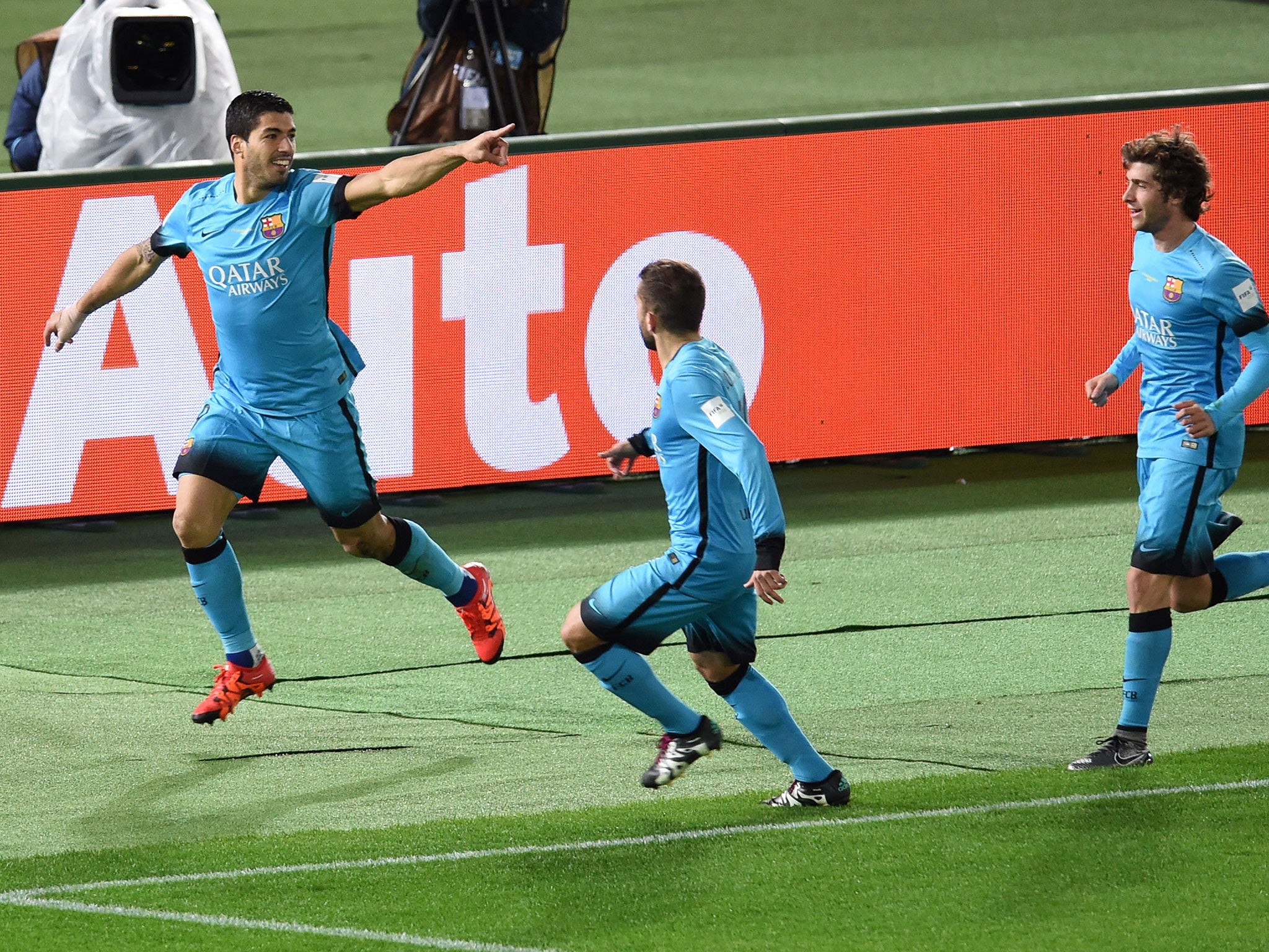 Luis Suarez celebrates after scoring for Barcelona