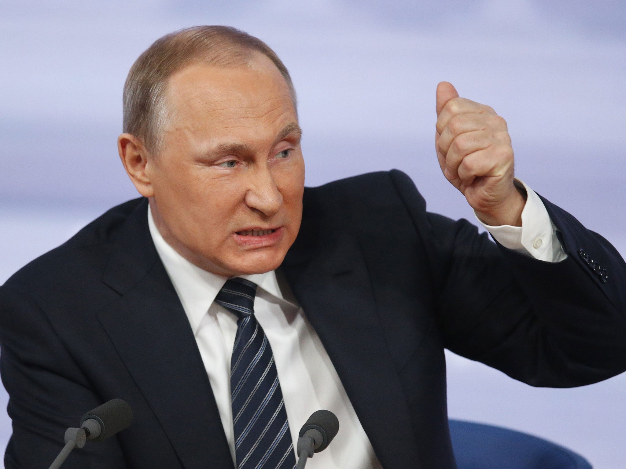 Vladimir Putin, pictured here during his annual Q and A conference, has previously described similar reports as 'information warfare'