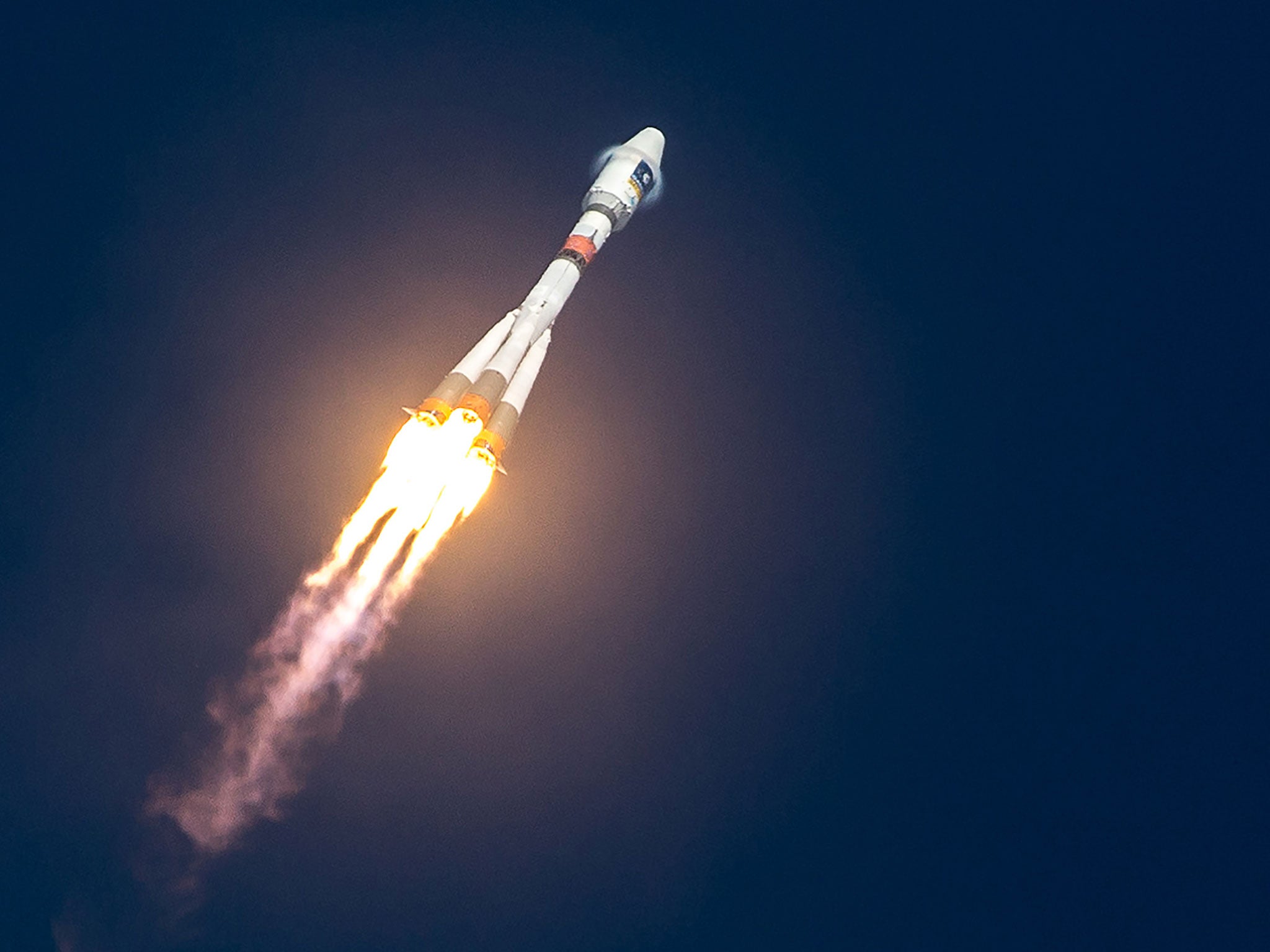 A Soyuz rocket blasting off from the European space centre at Kourou, French Guiana