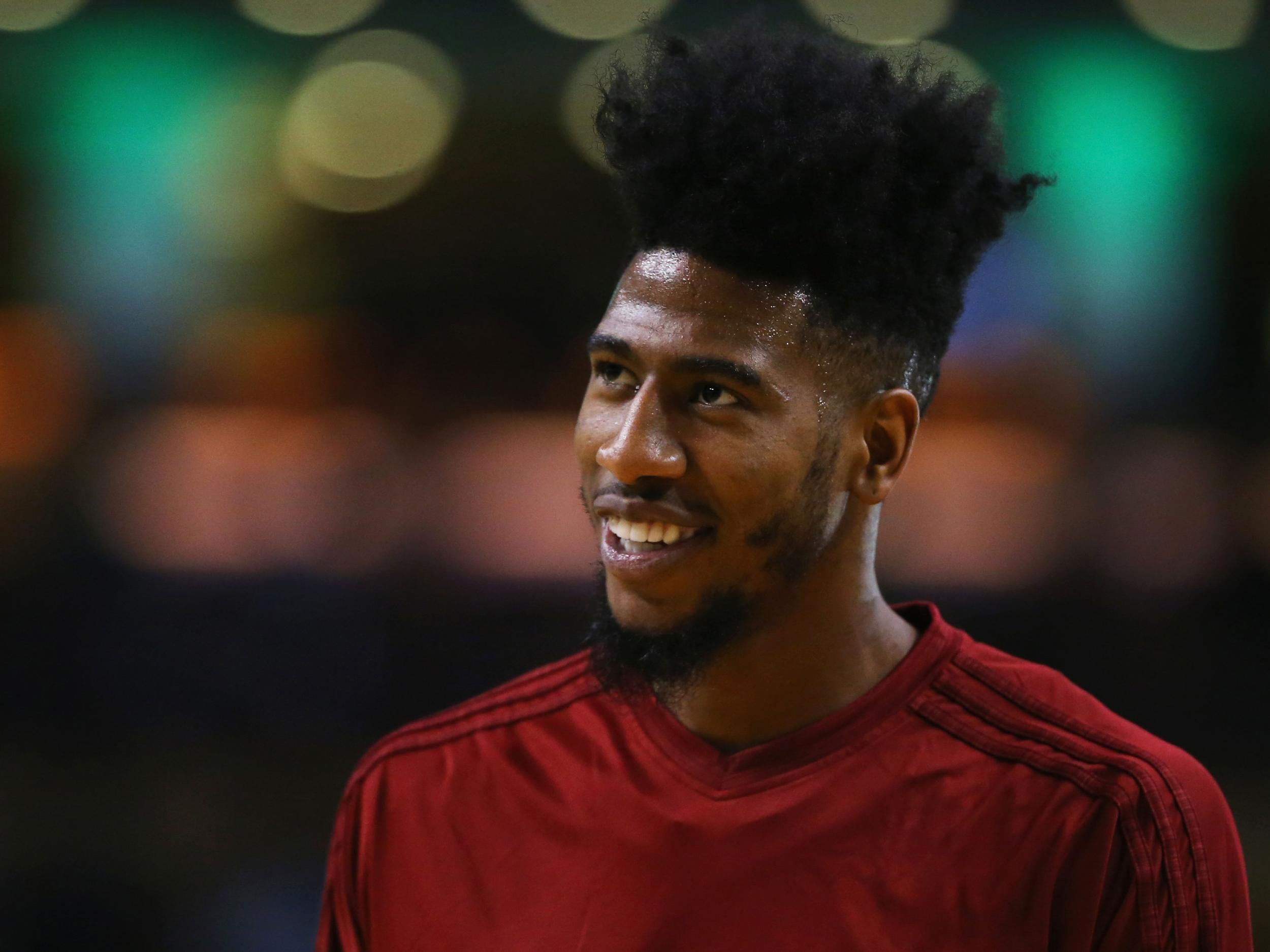 <p>Iman Shumpert of the Cleveland Cavaliers looks on during warmups before the game against the Boston Celtics</p>