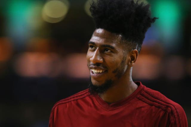 <p>Iman Shumpert of the Cleveland Cavaliers looks on during warmups before the game against the Boston Celtics</p>