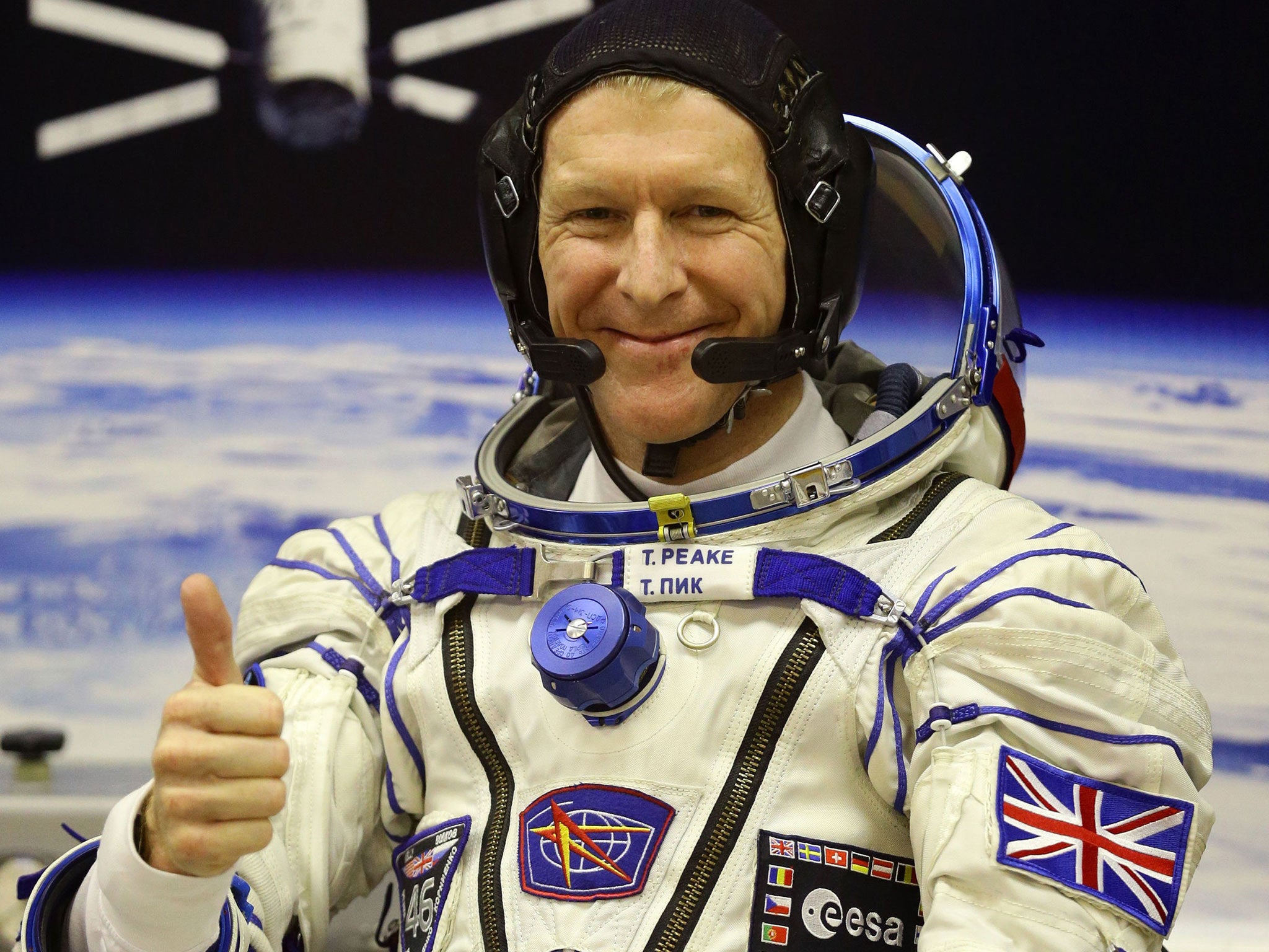 British astronaut Tim Peake at the Baikonur Cosmodrome in Kazakhstan, ahead of his launch to the International Space Station.