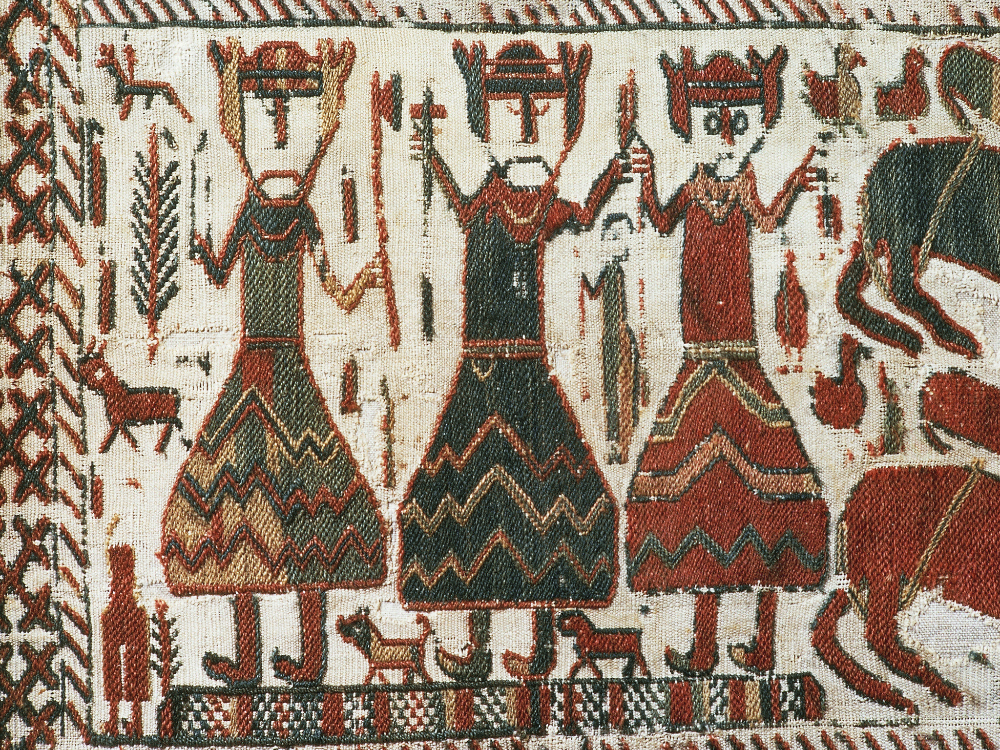 Detail from the Skogchurch Tapestry depicting the Norse gods Odin, Thor and Freyr. Sweden, 12th century.