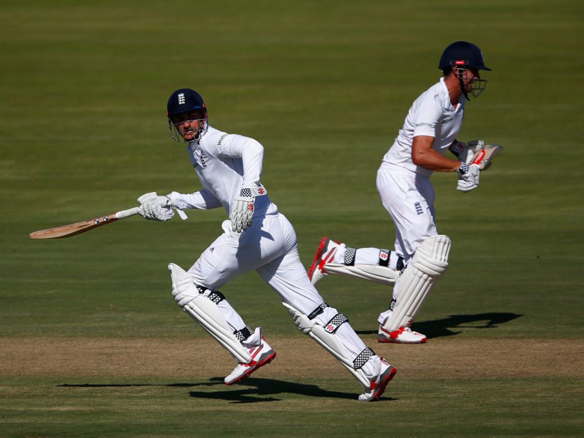England’s latest opening pair, Alastair Cook and Alex Hales (left), in warm-up action against a South Africa Invitation XI