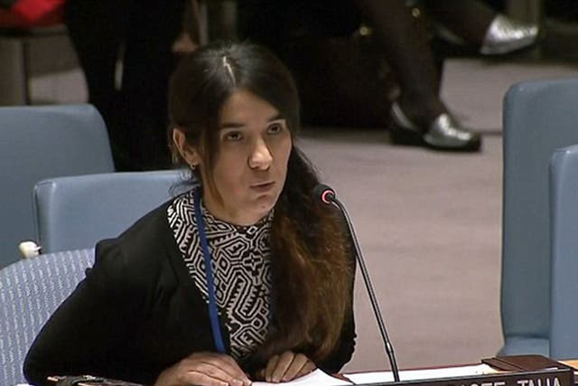 Nadia Murad Basee Taha from the Yazidi minority in northern Iraq spoke at the United Nation's meeting on human trafficking.
