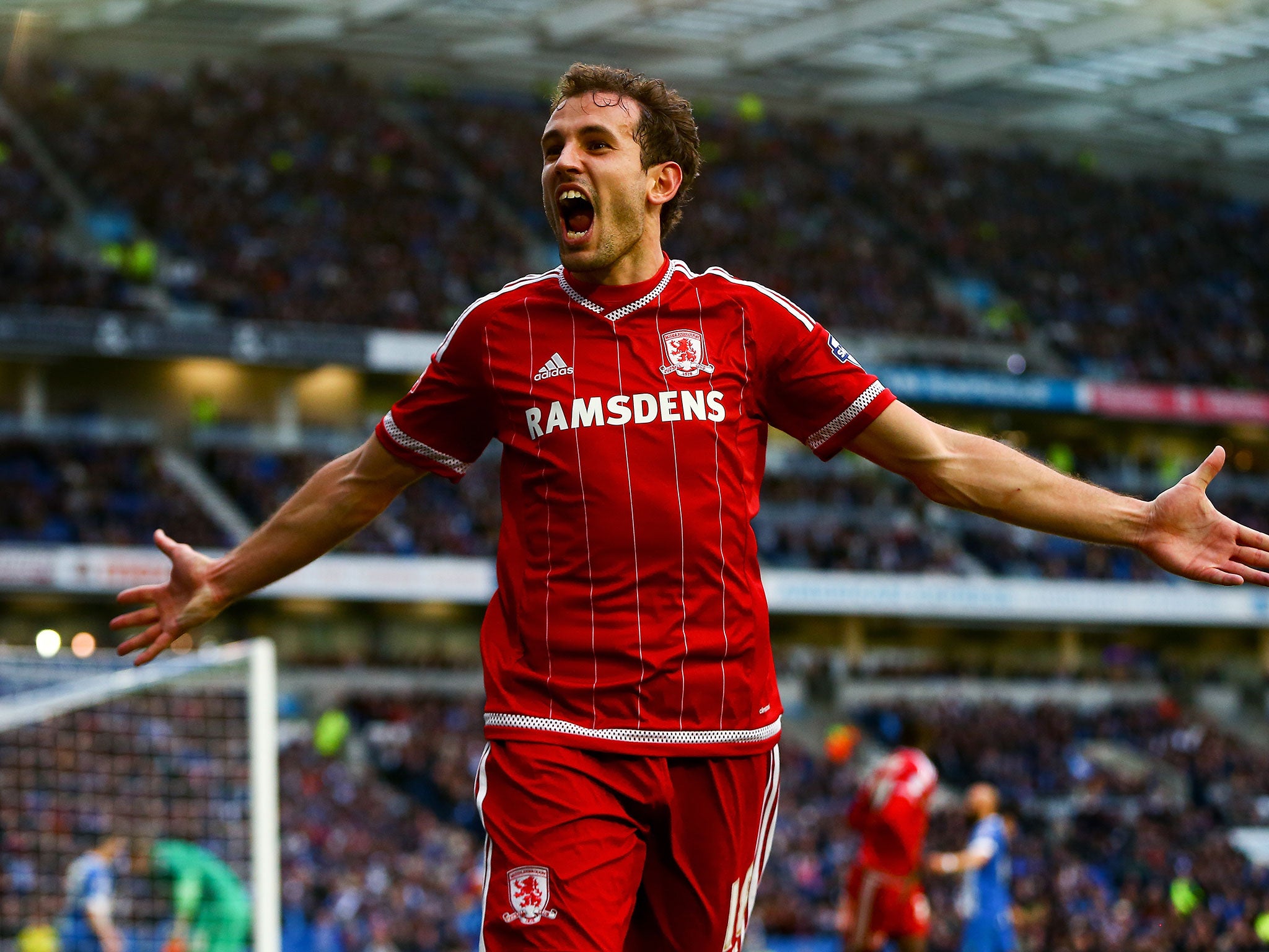 Middlesbrough's Christian Stuani celebrates scoring the third against Brighton