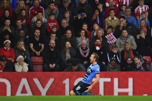 Harry Kane celebrates scoring Tottenham's first goal against Southampton