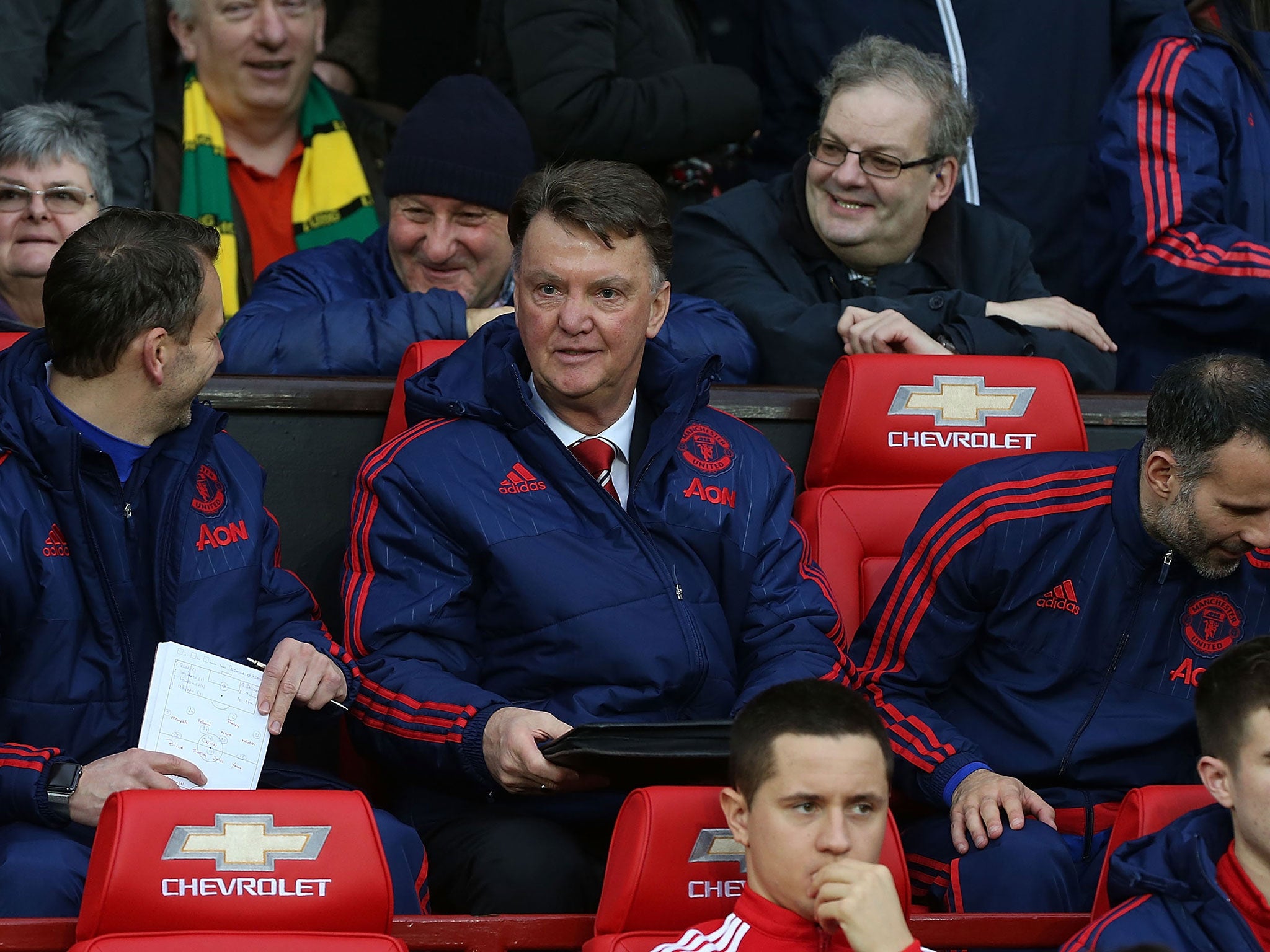 Louis van Gaal watches Manchester United's 2-1 defeat by Norwich